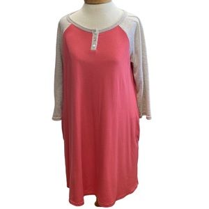 Umgee Henley Style Dress Tunic Size M Coral Beige Loose Fit W/Pocket 3/4 Sleeve